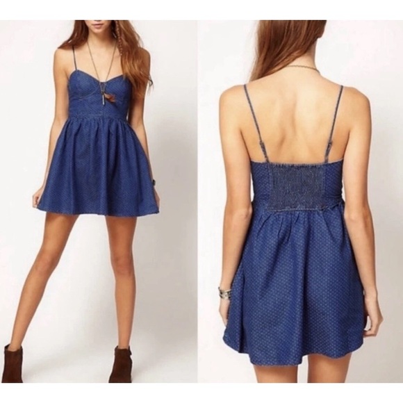 Free People Polka Dot Chambray Denim Corset Mini Dress 100% Cotton - Picture 3 of 15